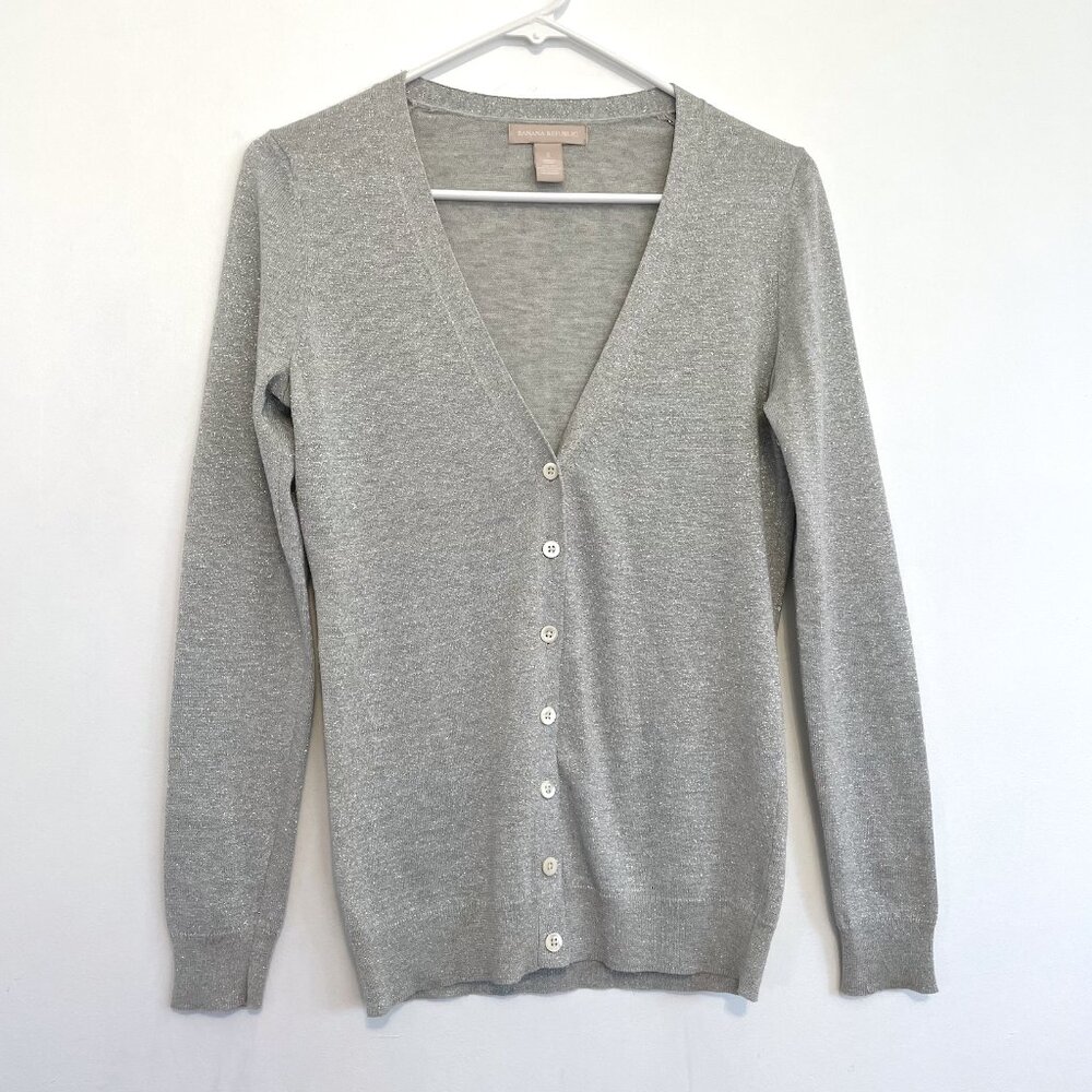 BANANA REPUBLIC Light Gray Grey Silver Metallic V-Neck SILK Etc Cardigan Sweater